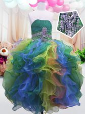  Multi-color Zipper Child Pageant Dress Beading and Ruffles Sleeveless Floor Length