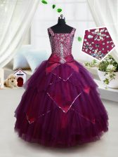  Square Sleeveless Lace Up Kids Pageant Dress Dark Purple Tulle