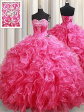 Adorable With Train Ball Gowns Sleeveless Hot Pink Quince Ball Gowns Brush Train Lace Up
