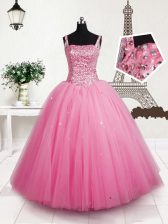  Sequins Ball Gowns Kids Formal Wear Baby Pink Straps Tulle Sleeveless Floor Length Lace Up