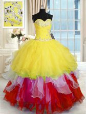 Custom Design Sleeveless Beading and Ruffles Lace Up Quinceanera Gown