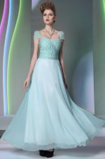 Fitting Cap Sleeves Side Zipper Floor Length Beading and Lace Dress for Prom