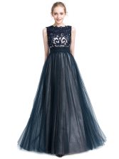 Scalloped Sleeveless Floor Length Beading and Lace Zipper Prom Party Dress with Navy Blue