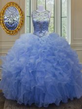 Dynamic Scoop Blue Sleeveless Beading and Ruffles Floor Length 15 Quinceanera Dress