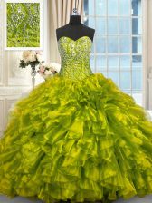  Olive Green Lace Up Sweet 16 Dresses Beading and Ruffles Sleeveless Brush Train