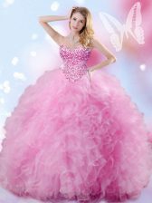 Deluxe Rose Pink Sleeveless Floor Length Beading and Ruffles Lace Up 15th Birthday Dress