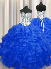  Beading and Ruffles Quinceanera Dress Royal Blue Lace Up Sleeveless Floor Length