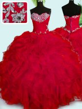  Red Ball Gowns Beading and Ruffles Sweet 16 Dress Lace Up Organza Sleeveless Floor Length