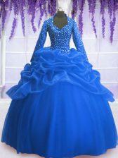 Low Price Sequins Pick Ups Blue Long Sleeves Organza Zipper Quince Ball Gowns for Military Ball and Sweet 16 and Quinceanera
