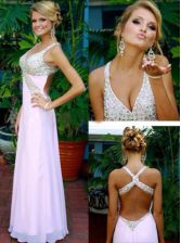 Ideal Criss Cross Pink Sleeveless Beading Floor Length Dress for Prom