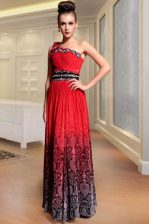  Red Column/Sheath One Shoulder Sleeveless Chiffon Floor Length Side Zipper Beading and Pattern and Pleated Homecoming Dress