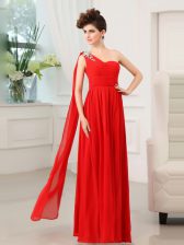 Charming Chiffon One Shoulder Sleeveless Zipper Beading and Sashes ribbons and Ruching Prom Dress in Red