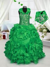  Halter Top Green Sleeveless Beading and Ruffles Floor Length Little Girl Pageant Gowns