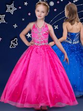High End Hot Pink Little Girls Pageant Dress Wholesale Quinceanera and Wedding Party with Beading Halter Top Sleeveless Lace Up