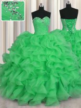  Green Organza Lace Up Sweet 16 Quinceanera Dress Sleeveless Floor Length Beading and Ruffles