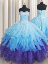 Sophisticated Multi-color Organza Lace Up Ball Gown Prom Dress Sleeveless Floor Length Beading and Ruffles and Ruffled Layers and Sequins