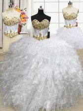 Hot Selling Three Piece Floor Length White Vestidos de Quinceanera Organza Sleeveless Beading and Ruffled Layers