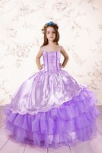 Dramatic Sleeveless Organza Floor Length Lace Up Child Pageant Dress in Lavender with Embroidery and Ruffled Layers