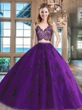 Fantastic Purple V-neck Neckline Lace and Appliques Sweet 16 Dress Sleeveless Zipper