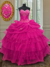  Organza and Sequined Sweetheart Sleeveless Lace Up Beading and Ruffled Layers and Sequins and Pick Ups Ball Gown Prom Dress in Fuchsia