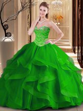Fantastic Tulle Sweetheart Sleeveless Lace Up Beading and Ruffles Sweet 16 Dress in Green