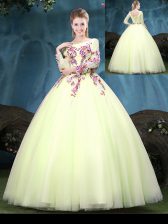 Ideal Scoop Long Sleeves Floor Length Lace Up 15th Birthday Dress Yellow Green for Military Ball and Sweet 16 and Quinceanera with Appliques