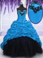 Unique Appliques and Pick Ups 15 Quinceanera Dress Blue Lace Up Sleeveless With Train Sweep Train