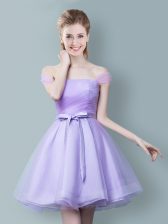 Delicate Lavender Dama Dress for Quinceanera Prom and Party and Wedding Party with Ruching and Bowknot Off The Shoulder Sleeveless Zipper