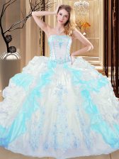 On Sale Ruffled Blue And White Sleeveless Organza Lace Up Ball Gown Prom Dress for Military Ball and Sweet 16 and Quinceanera