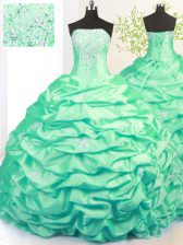 Great Sweep Train Turquoise Ball Gowns Beading and Pick Ups Vestidos de Quinceanera Side Zipper Taffeta Sleeveless With Train