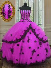 Chic Sleeveless Tulle Floor Length Lace Up Quinceanera Gowns in Fuchsia with Appliques