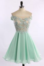  Off the Shoulder Mini Length Apple Green Dress for Prom Chiffon Cap Sleeves Beading and Appliques