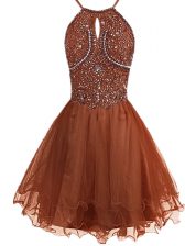  A-line Prom Party Dress Brown Halter Top Organza Sleeveless Mini Length Zipper
