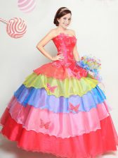  Multi-color Ball Gowns Organza Strapless Sleeveless Appliques and Ruffled Layers Floor Length Lace Up Sweet 16 Dress