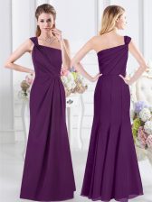 Beauteous Purple Column/Sheath Chiffon One Shoulder Sleeveless Ruching Floor Length Side Zipper Court Dresses for Sweet 16