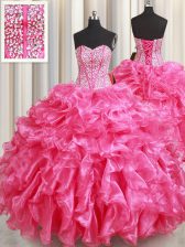 Glorious Organza Sweetheart Sleeveless Lace Up Beading and Ruffles Quinceanera Gown in Hot Pink