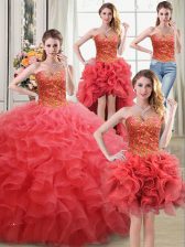 Sexy Four Piece Coral Red Sweetheart Neckline Beading and Ruffles Quinceanera Gowns Sleeveless Lace Up