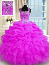 Extravagant Floor Length Zipper Quince Ball Gowns Fuchsia for Military Ball and Sweet 16 and Quinceanera with Beading and Ruffles