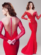  Mermaid Scoop Clasp Handle With Train Red Prom Evening Gown Elastic Woven Satin Brush Train Long Sleeves Lace