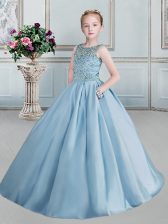 Top Selling Scoop Aqua Blue Lace Up Kids Pageant Dress Beading Sleeveless Floor Length