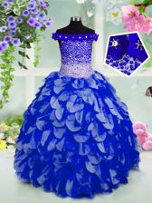  Off The Shoulder Sleeveless Organza Little Girl Pageant Gowns Beading and Hand Made Flower Lace Up