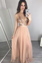  Sleeveless Floor Length Sequins and Pleated Zipper Prom Party Dress with Peach