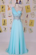  One Shoulder With Train Side Zipper Prom Party Dress Aqua Blue for Prom and Party with Beading Brush Train