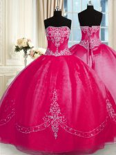 Lovely Coral Red Sleeveless Organza Lace Up Quinceanera Gowns for Military Ball and Sweet 16 and Quinceanera