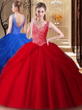  Pick Ups Floor Length Red Quinceanera Gowns V-neck Sleeveless Backless