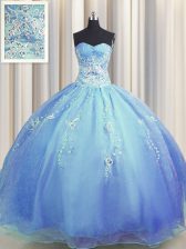 Adorable Zipper Up Floor Length Zipper Quinceanera Gown Blue for Military Ball and Sweet 16 and Quinceanera with Beading and Appliques