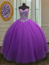Modern Eggplant Purple Sweetheart Neckline Beading Ball Gown Prom Dress Sleeveless Lace Up