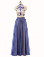 Beauteous Blue Sleeveless Floor Length Beading Zipper Prom Gown