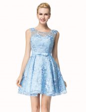  Scoop Lace Blue Zipper Homecoming Dress Bowknot Sleeveless Mini Length