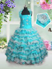  Ruffled Floor Length Ball Gowns Sleeveless Blue And White Little Girl Pageant Dress Lace Up